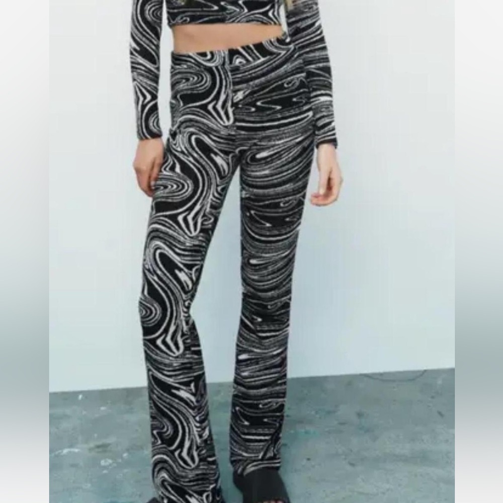 Zara Black and White Swirl Flare Pants